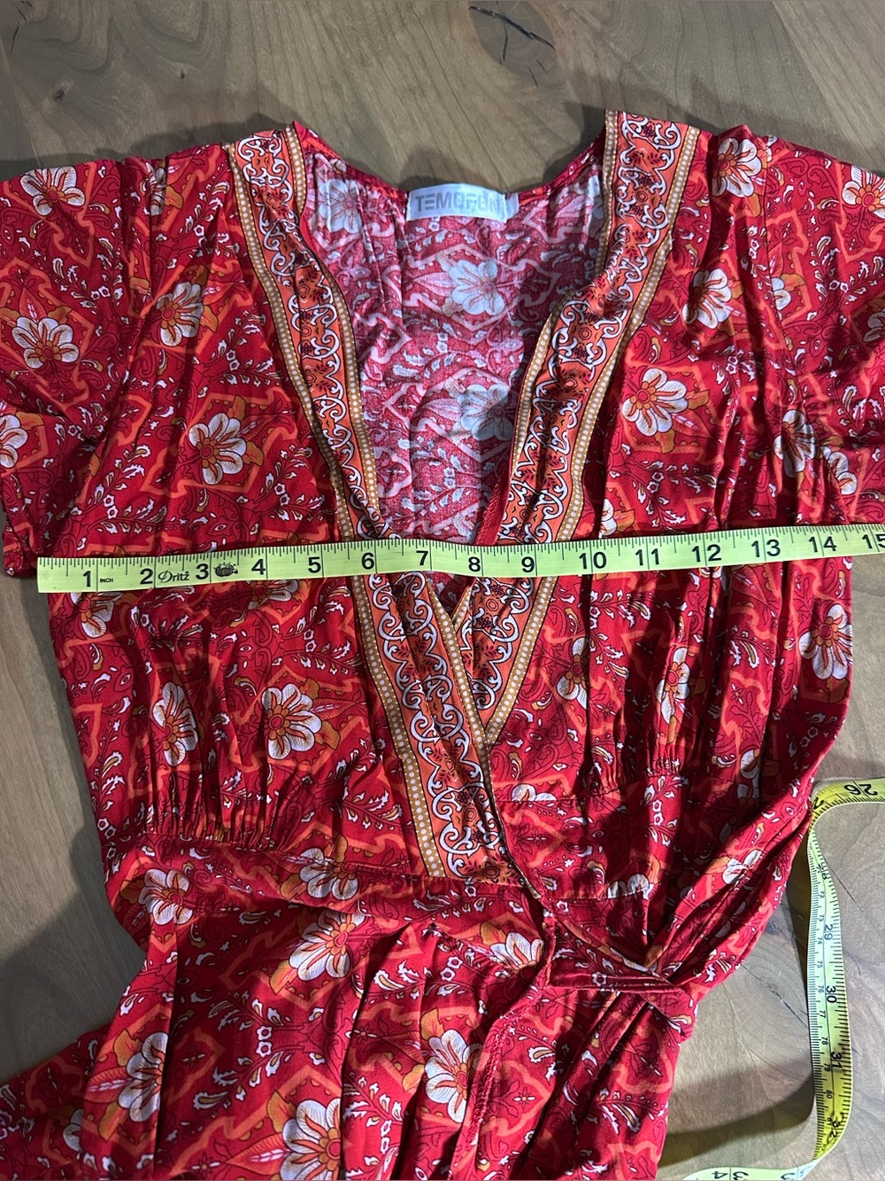 Temofon Red Floral Wrap Midi Dress XS Boho Short Sleeve Tie Waist EUC - Picture 8 of 9